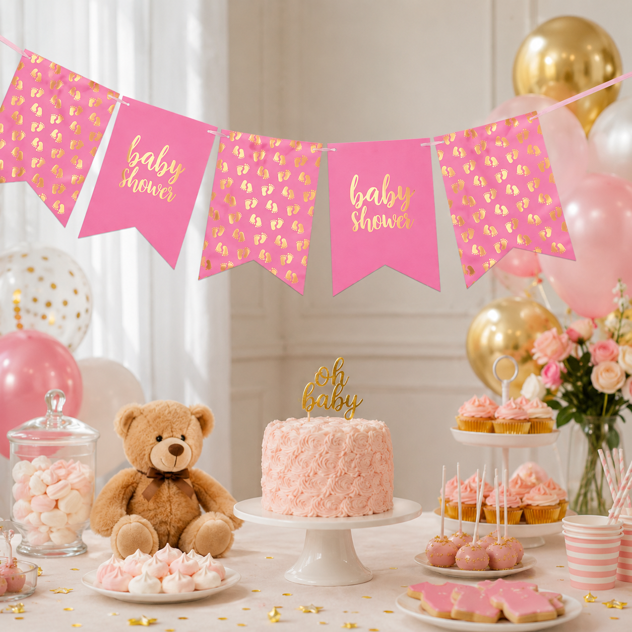 Vlaggenlijn baby shower roze - 4m