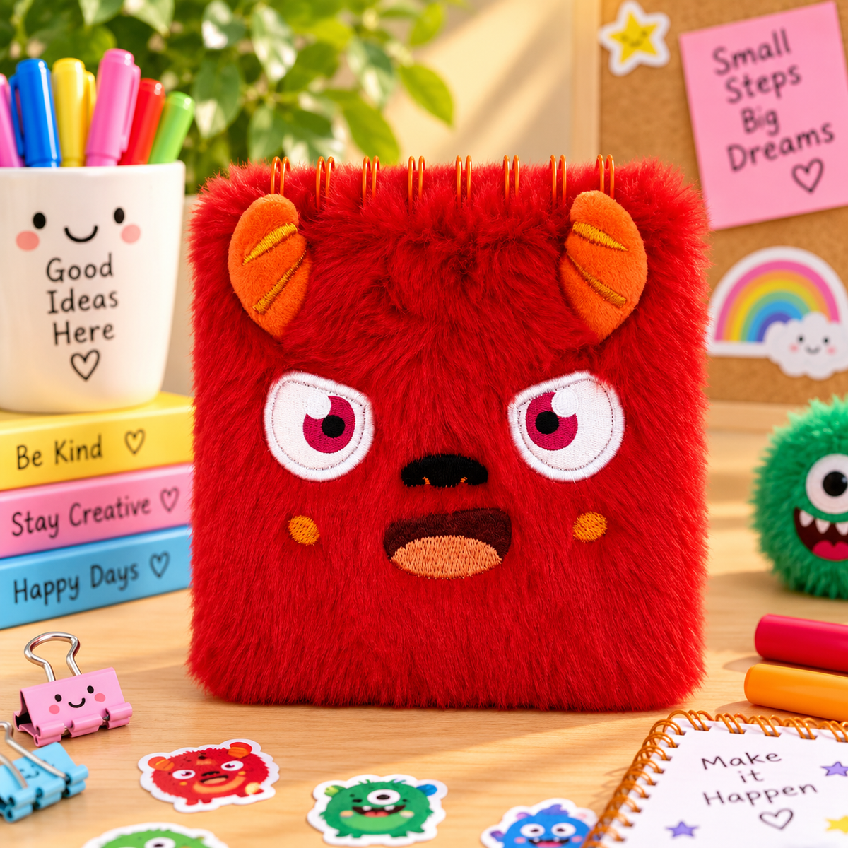 Monster Mini Pluizig Notitieboek Rood