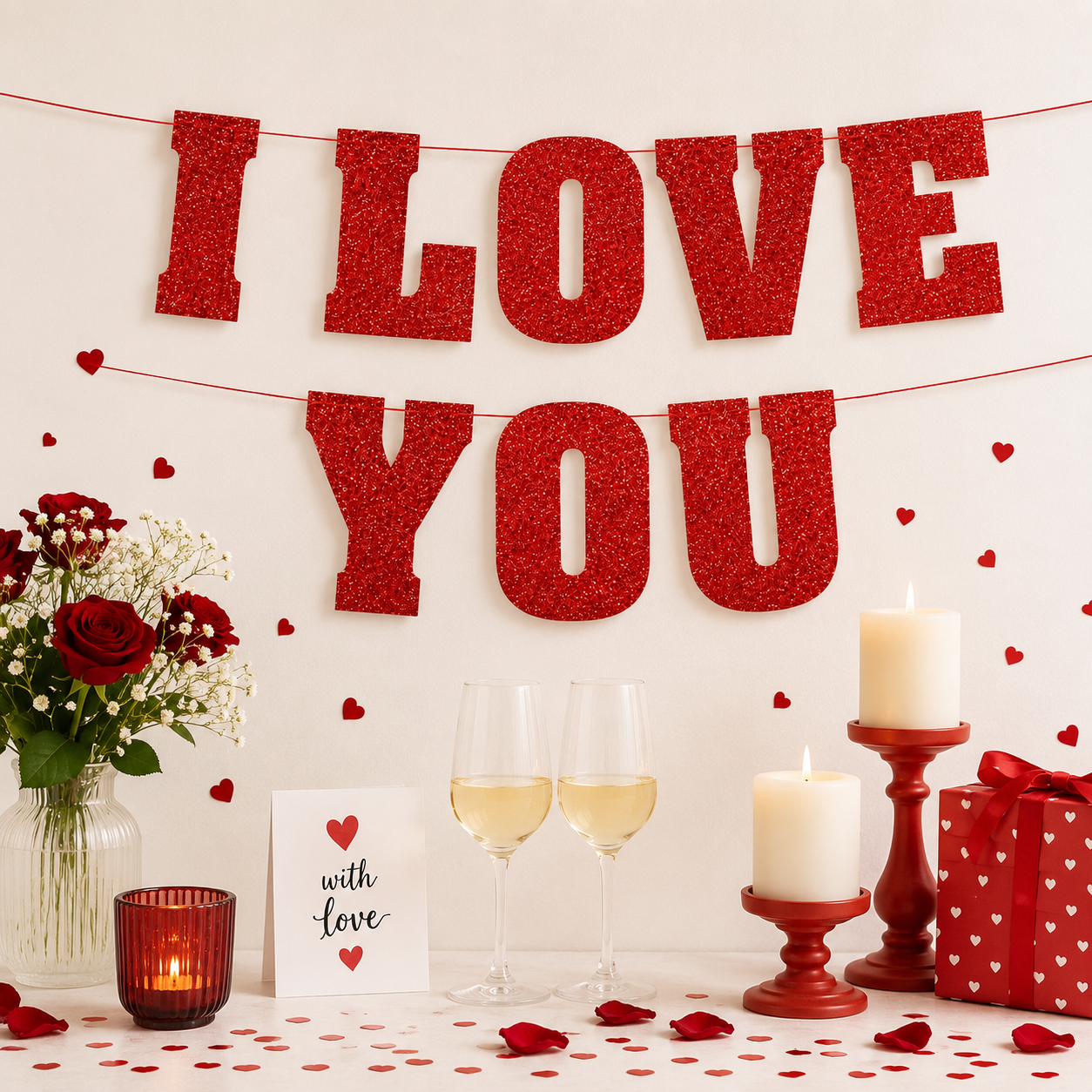 Slinger I love you glitter rood 40cm 7m