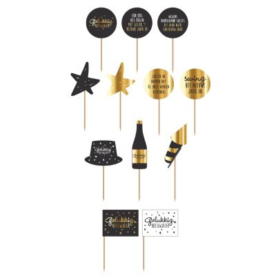 Cocktailprikkers - gelukkig nieuwjaar - goud/zwart - 24 stuks