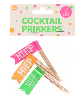 Cocktailprikkers - Hiep hiep hoera - roze/oranje/groen - 12 stuks