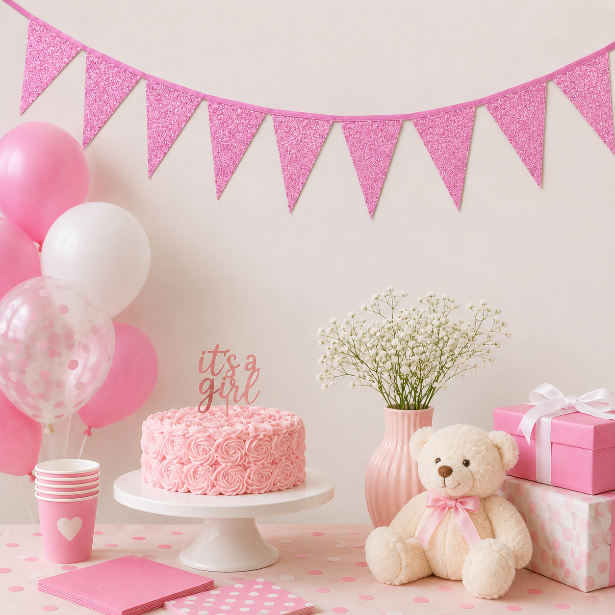 Vlaggenlijn glitter fel roze groot - 6m (10 vlaggen)