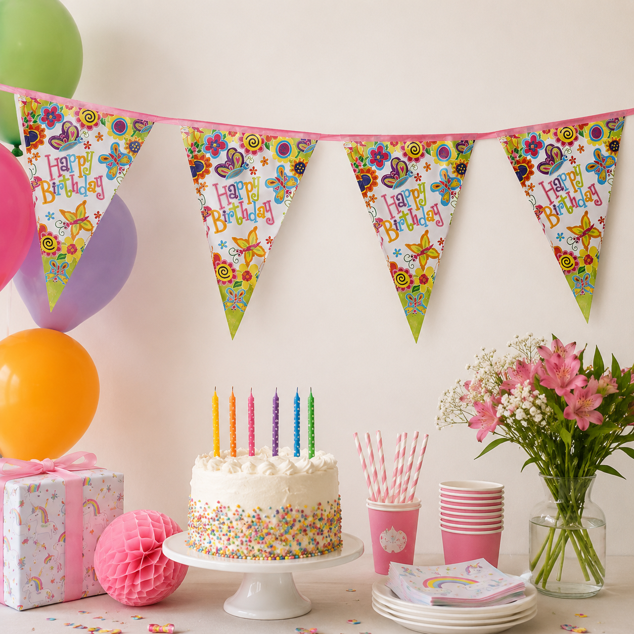 Vlaggenlijn Happy Birthday bloemen - 2,6m
