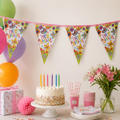 Vlaggenlijn Happy Birthday bloemen - 2,6m