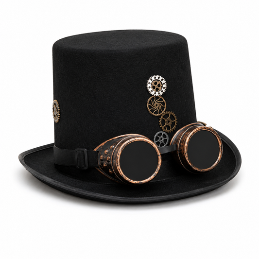 Hoed steampunk zwart met bril