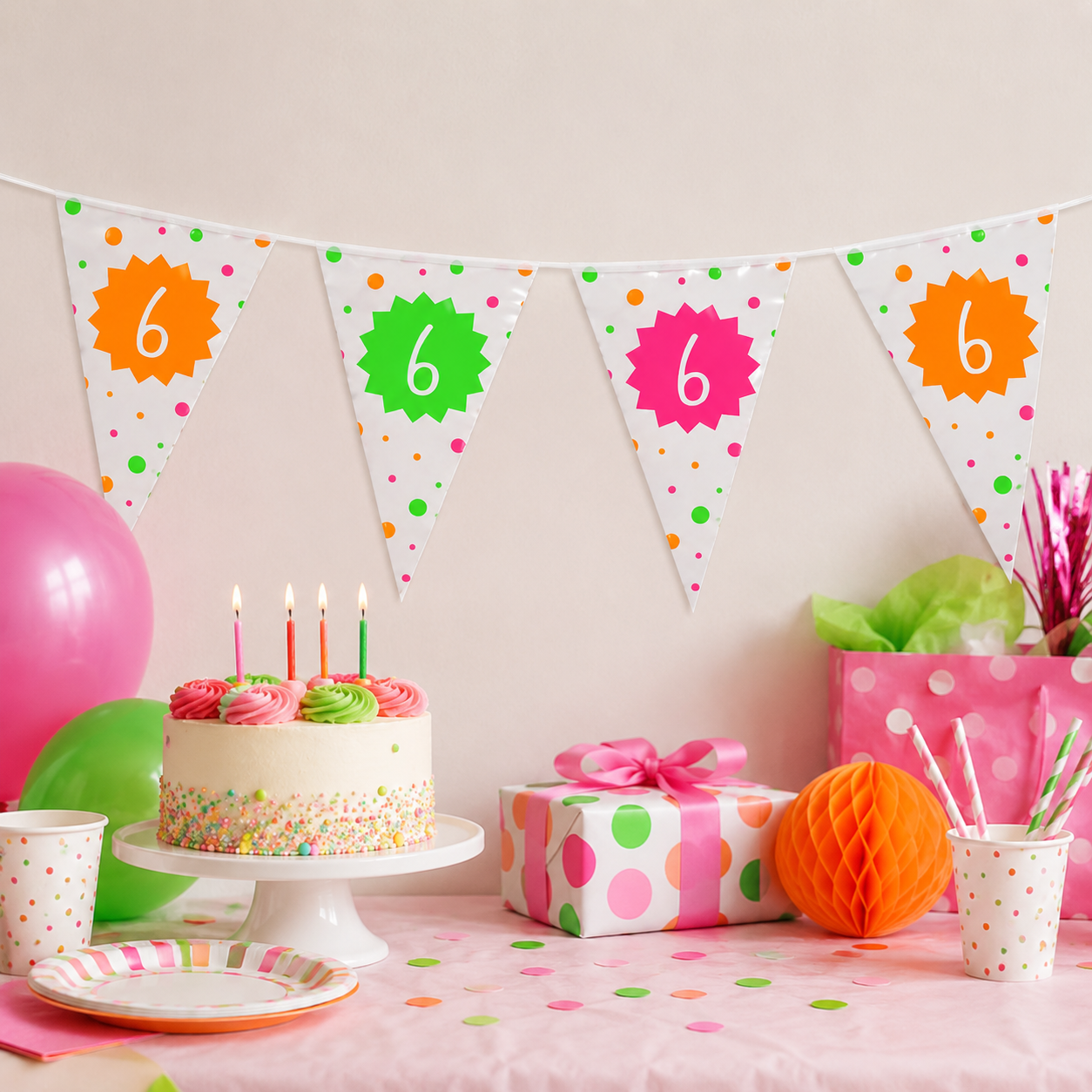 Vlaggenlijn neon 6 jaar - 4m (15 vlaggen)