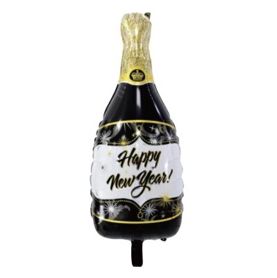 Folieballon - Happy new year - champagnefles - zwart/goud - 85cm