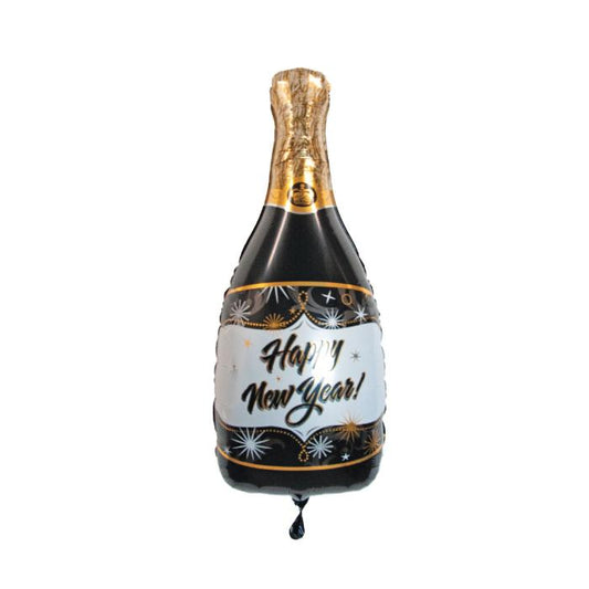 Folieballon - Happy new year - fles - goud/zwart - 85cm