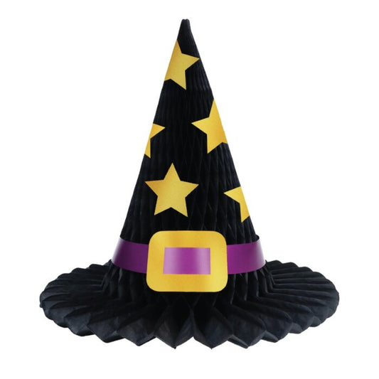 Honeycomb - Halloween - heksenhoed - zwart/paars/goud - 34cm