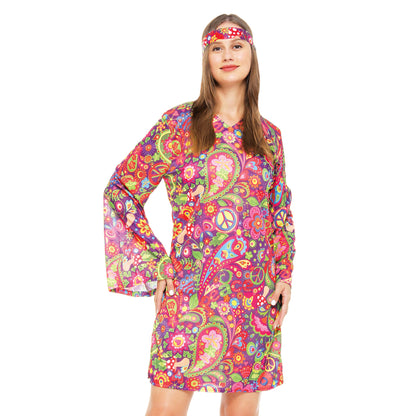 Kostuum jurk en hoofdband hippie meerkleurig maat S/M
