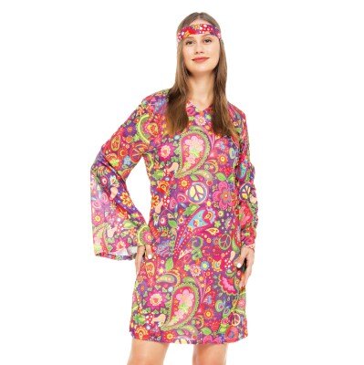 Kostuum - jurk en hoofdband - hippie - meerkleurig - maat S/M
