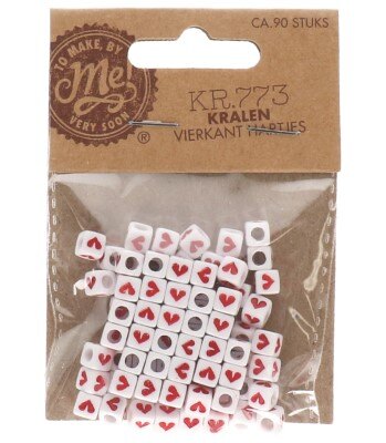 Kralen - hart - vierkant - wit/rood - ca. 90 stuks