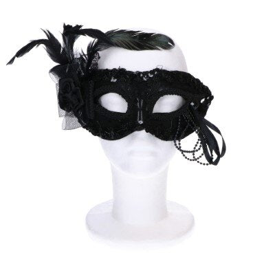 Masker - Venetiaans kant - veren - pailletten - zwart