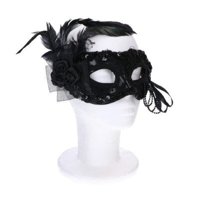 Masker - Venetiaans kant - veren - pailletten - zwart