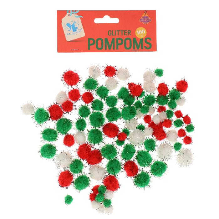 Pompoms - Kerst - glitter - meerkleurig - 100 stuks