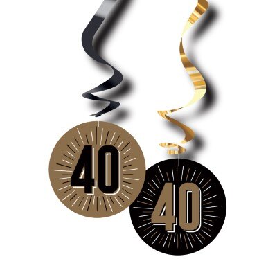 Swirls - hangdecoratie - 40 jaar - zwart/goud - 6 stuks