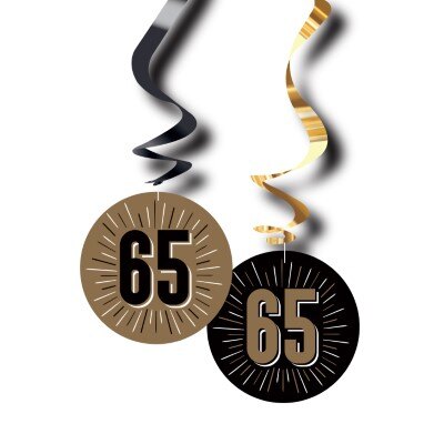 Swirls - hangdecoratie - 65 jaar - zwart/goud - 6 stuks