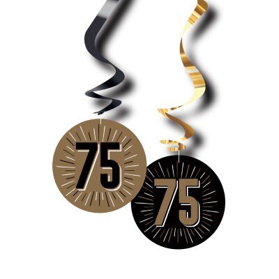 Swirls - hangdecoratie - 75 jaar - zwart/goud - 6 stuks