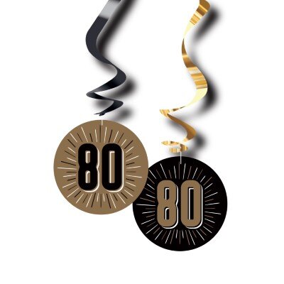 Swirls - hangdecoratie - 80 jaar - zwart/goud - 6 stuks