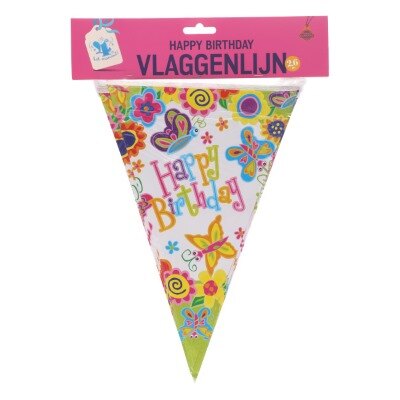 Vlaggenlijn - Happy Birthday - bloemen - meerkleurig - 2,6m